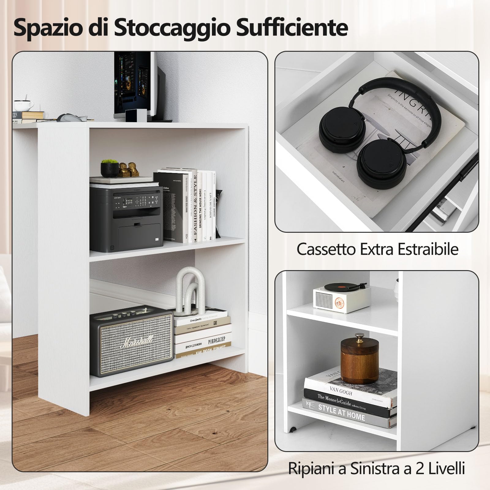 COSTWAY Scrivania ad Angolo per Computer 120 x 60 cm, Scrivania a Forma di L con Ripiani e Cassetto, Scrivania Angolare Gaming Salvaspazio per Ufficio, Studio e Cameretta, Bianco