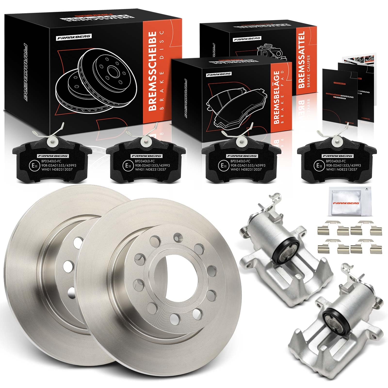 Frankberg 2x Bremssattel + 2x Bremsscheiben + 4x Beläge Hinten Ø253mm Kompatibel mit Yeti 5L A3 8P1 Leon 1P1 Altea 5P1 Golf V 1K1 Golf VI 5K1 E.O.S Replace# 1J0698451C