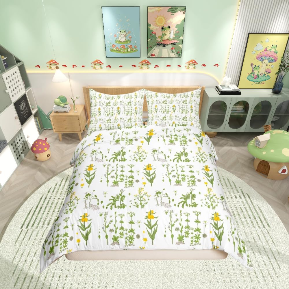 Loussiesd Green Duvet Cover Set Little Daisy Flowers Bedding sets King Size with 2 Pillow Shams,Soft Comforter Microfiber Quilt Cover with Hidden Zipper Closure and Corner Ties 3PCs(220x240cm)