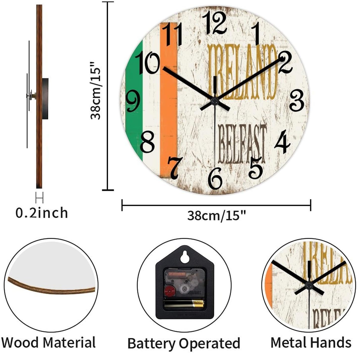 Ireland Belfast Wall Clock Ireland National Flag Operated Silent Non-Ticking PVC Clock 15x15 Inch for Home Kitchen Bathroom Bedroom Living Room Decor