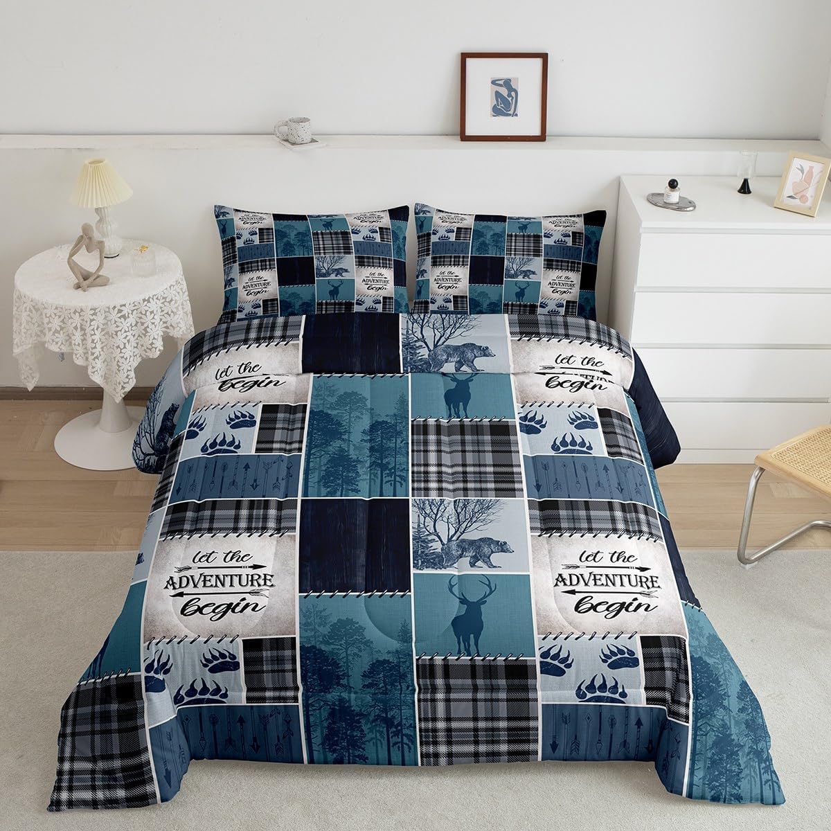 Rustic Farmhouse Kids Comforter Set Full Size,Deer Bear