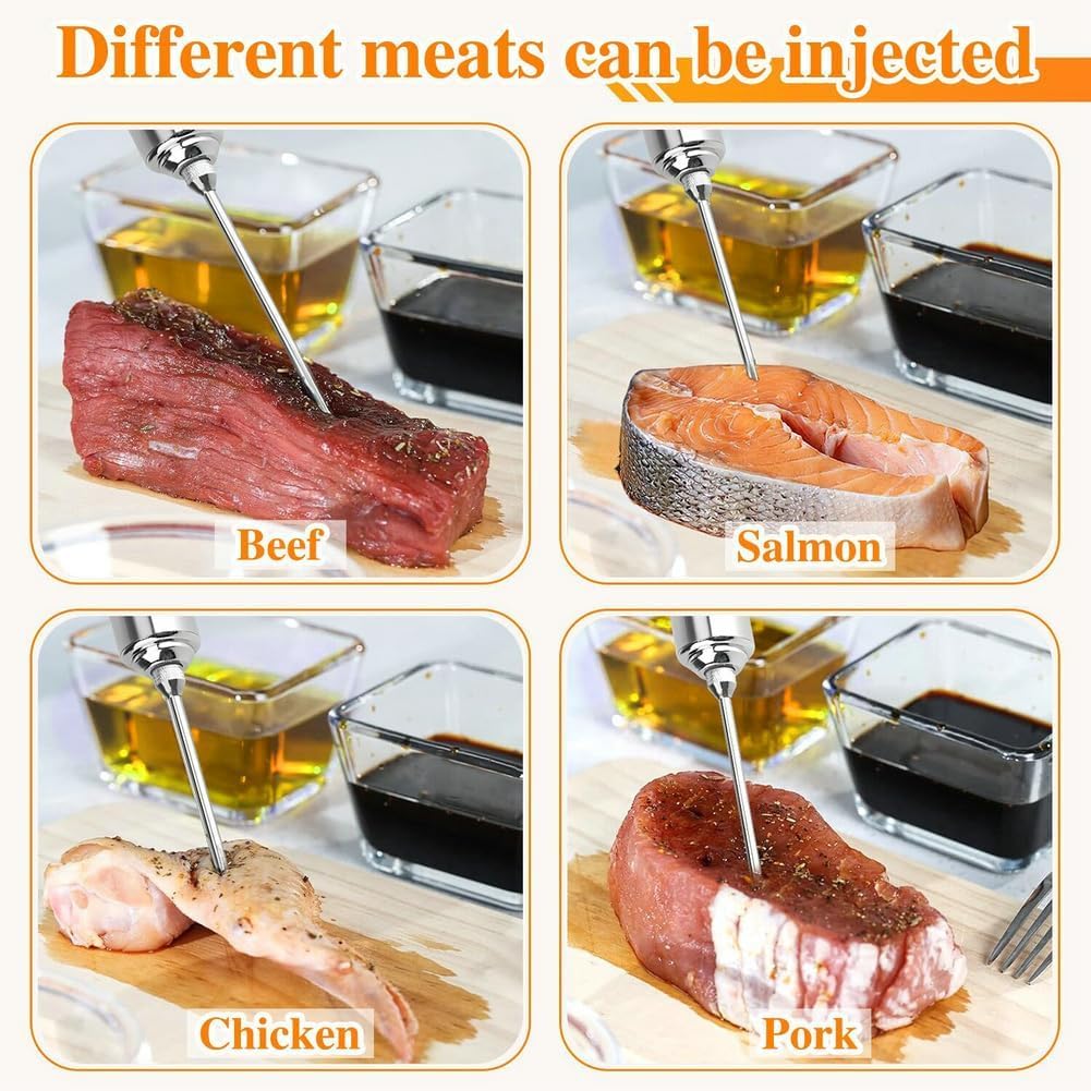Euakee Siringa per Marinata, Kit in Acciaio Inossidabile con 3 Aghi per Carne, Siringa per Cucinare Pollo, Bistecca, Manzo, Ideale per BBQ, Affumicatore, Griglia