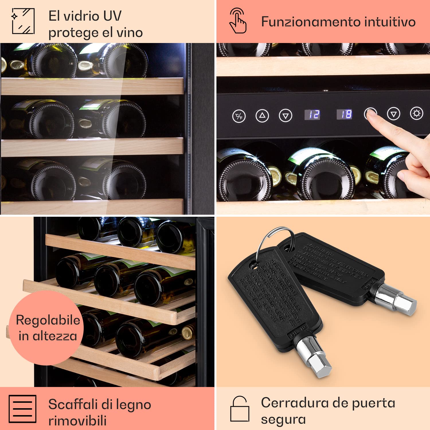 KLARSTEIN Cantinetta Vino, Cantinetta Vino Refrigerata a Zona Doppia per Interno/Esterni, Frigo Bar, Cantina Vino con Vetrina, Mini Bar con Protezione UV, Frigo Vino Touch, 5-18°C, 73 Bottiglie