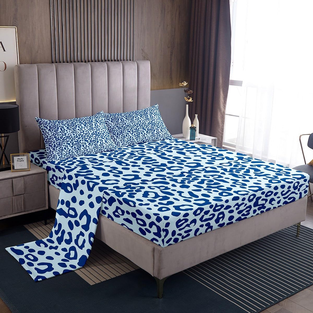 jejeloiu Blue Leopard Bedding Set Twin Size Cheetah Fitted Sheet for Kids Boys Girls Decor Simple Modern Animal Print Bed Sheets Set Breathable Soft Bedroom Decor