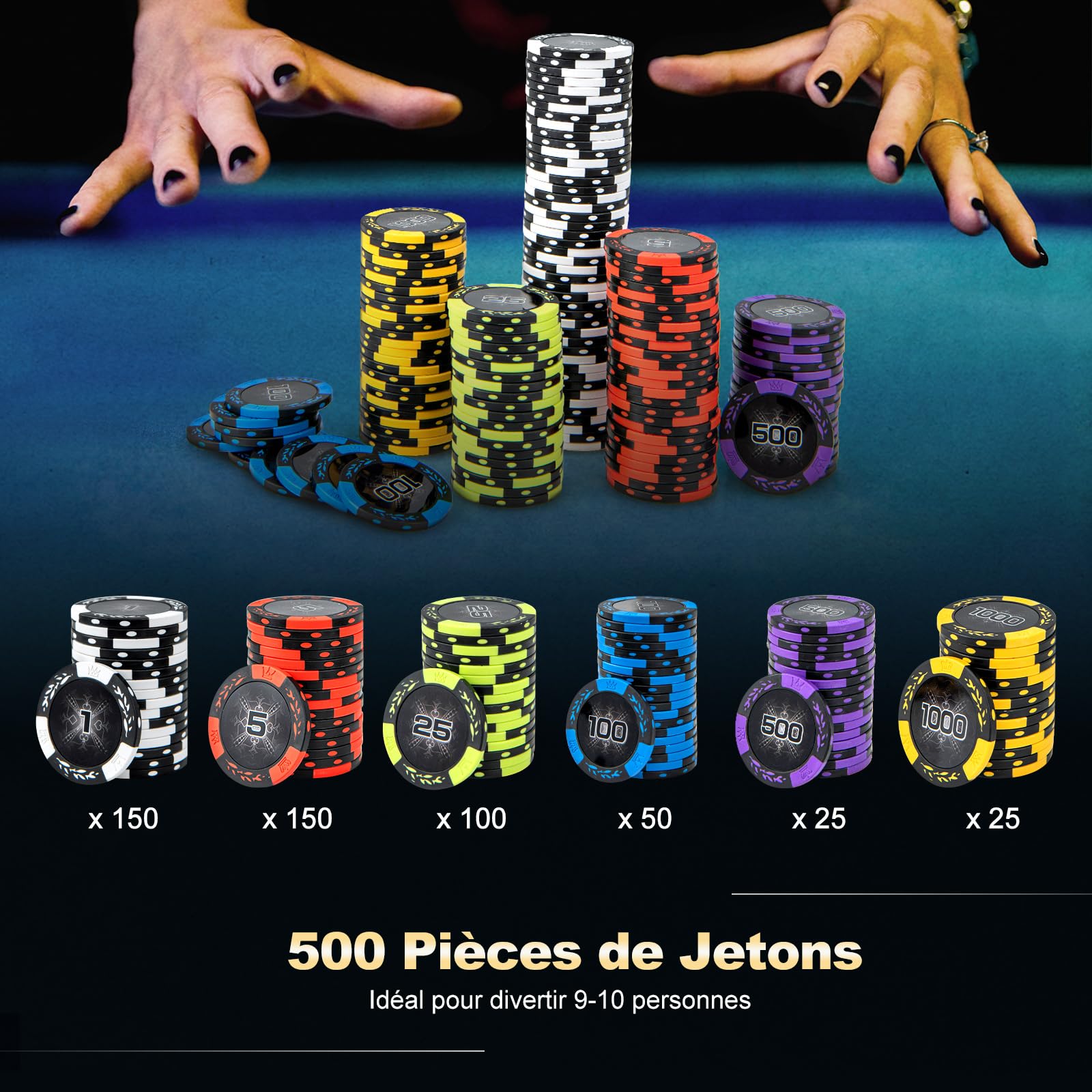 COSTWAY Mallette de Poker en Aluminium avec 500 Jetons & 2 Jeux de Cartes, Coffret de Poker avec 5 Dés et 3 Dealer, pour Casino Fête Voyages