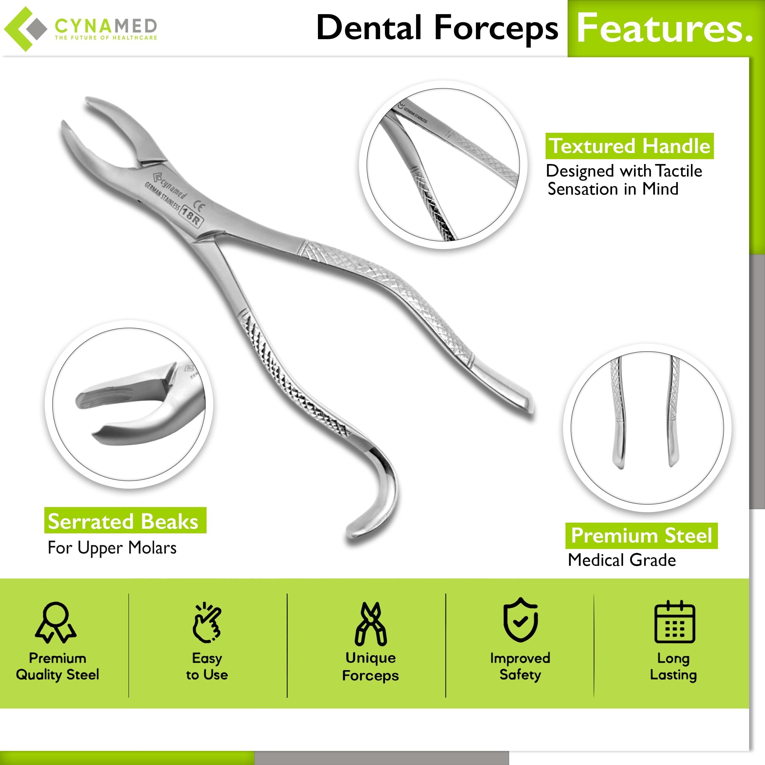 Cynamed Dental Extraction Forceps, 18R, Premium Stainless Steel