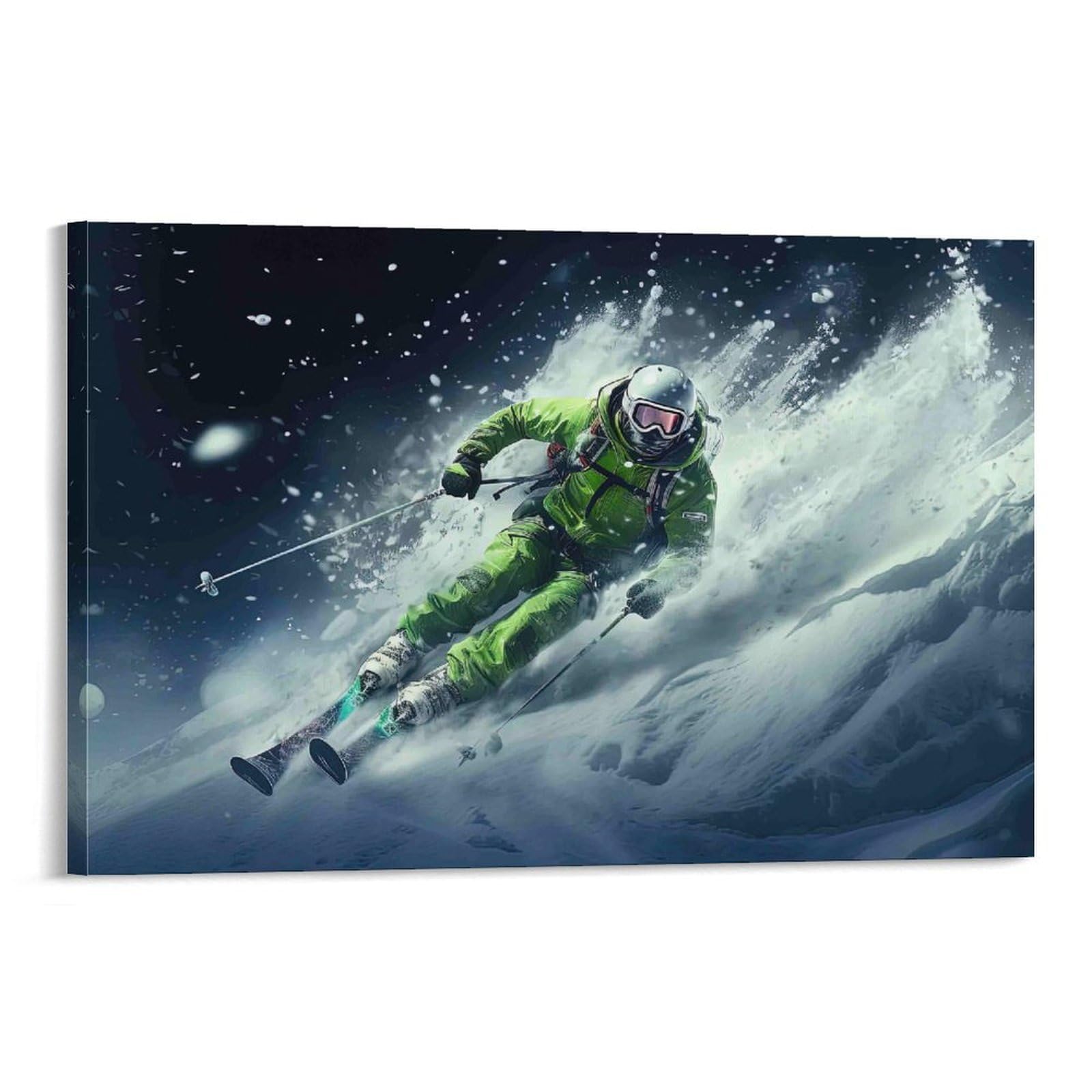 CPLVKWRQJ Skiing Adventurer Action Single Piece Green Gear Skier Rushing Snowy Mountain Slope Framed Wall Art - Living Room Gallery Wall Focal Point Ready to Hang Decor 20x30inch(50x75cm)