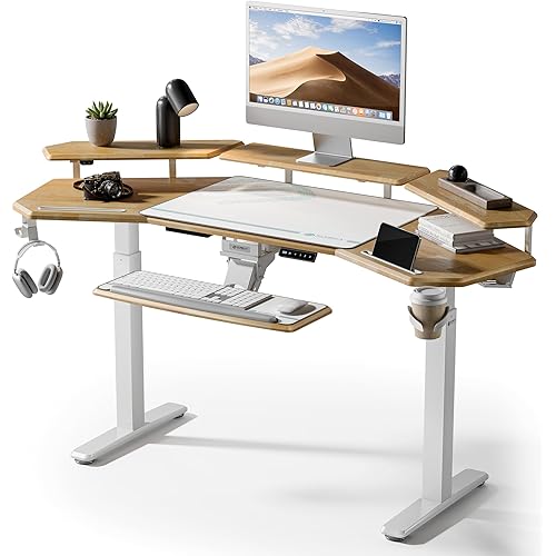 EUREKA ERGONOMIC Gaming Desk, w Keyboard Tray, 73" Wing Shaped Music Studio Table with LED Shelves, Gaming Recording Live Stream, Slot Design