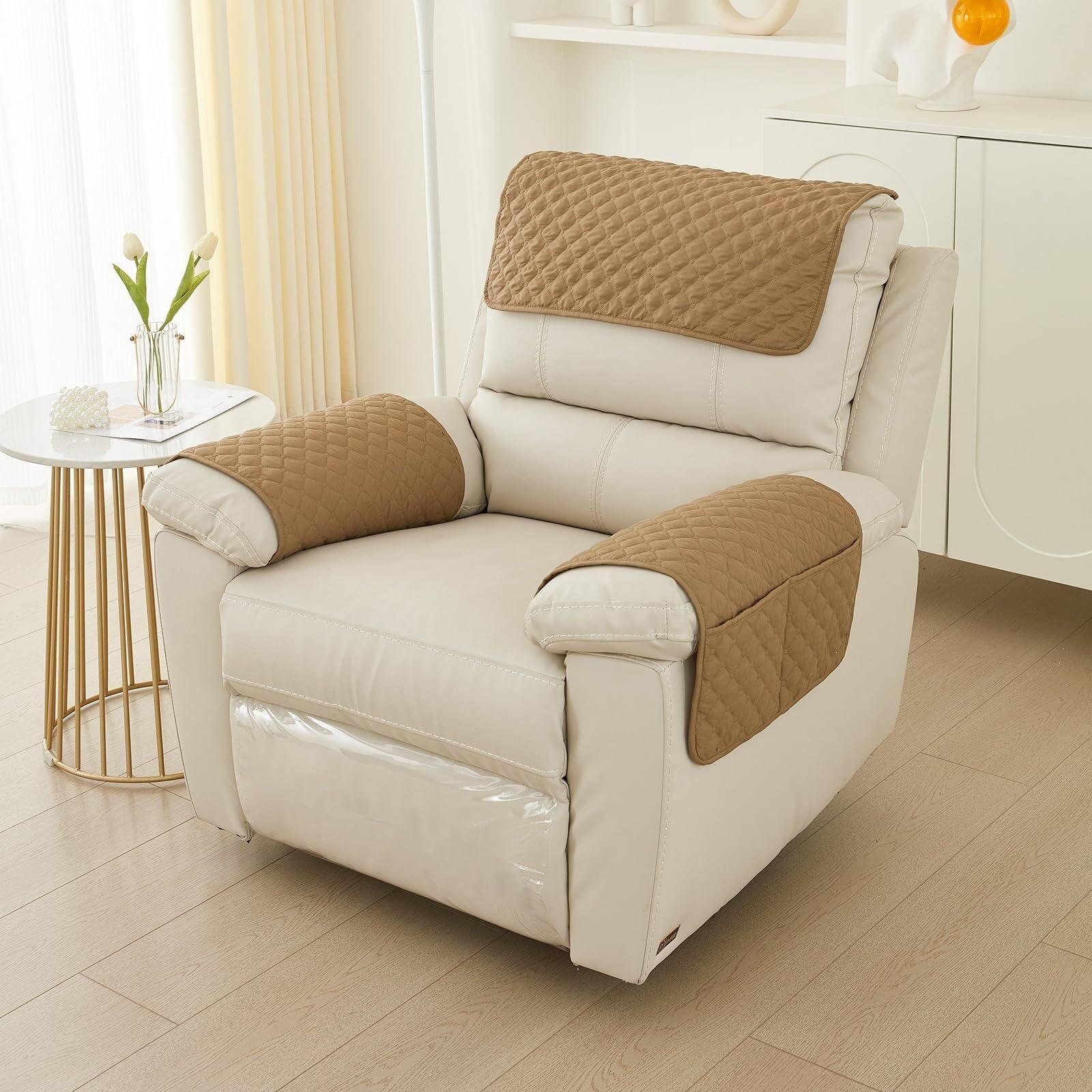 Copribraccioli Fodera per Bracciolo del Divano, Fodera per Poggiatesta per Sedia Reclinabile, Fodera per Poltrona Impermeabile con Tasche, 2 Posto Copripoltrona Relax(Camel,3 Posto)