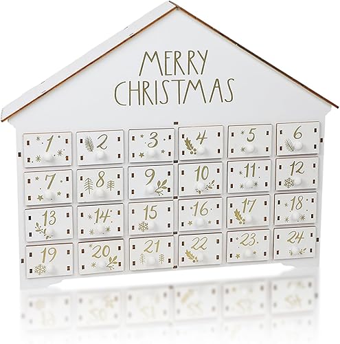 Roseeyo Calendario de Adviento de 24 días decorado con 24 cajones de almacenamiento, cuenta regresiva de madera blanca para calendario de Navidad