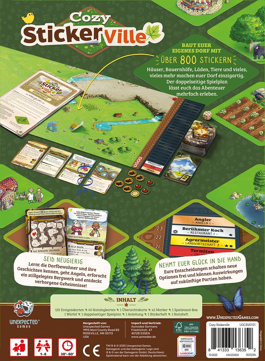 Asmodee, Cozy Stickerville, wersja DE, kooperacyjna gra rodzinna dla 1-6 graczy od 8 lat, gra planszowa z 30-60 minutami gry na grę