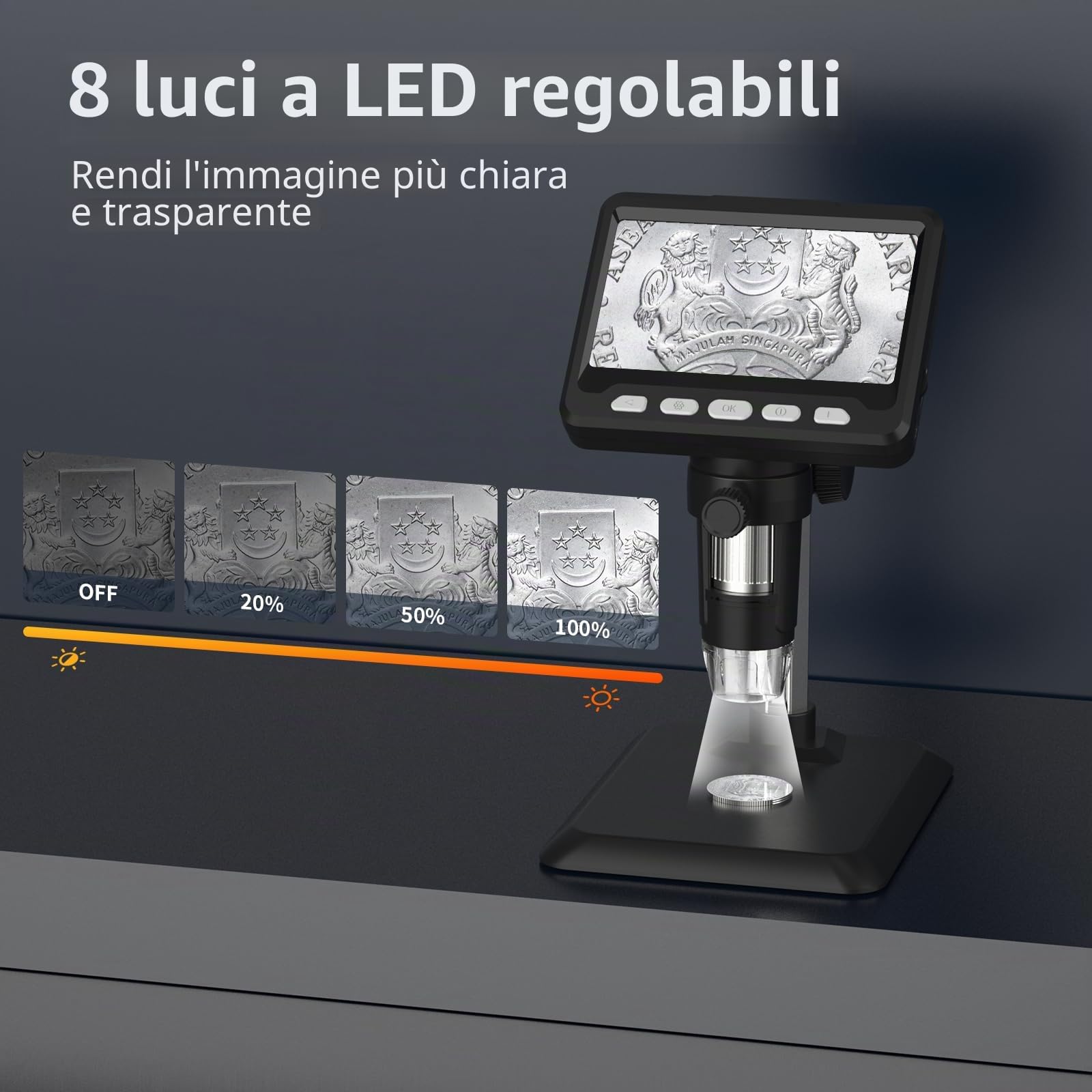 Ashfly Microscopio Digitale, 4,3'' IPS Microscopio 50-500X per adulti, Microscopio Electronico con 8 LED Regolabili, Vista PC, Compatibile Windows/MacOS