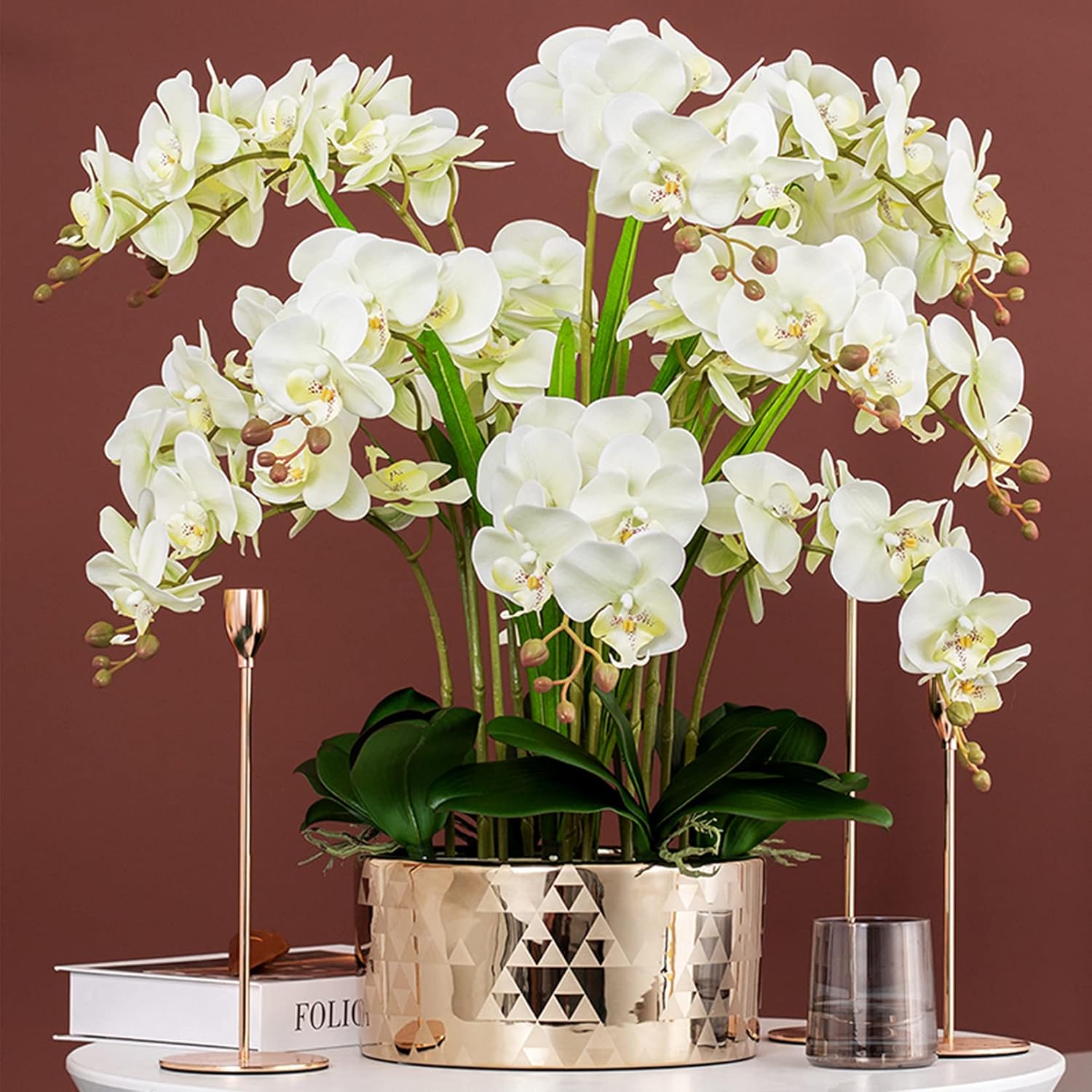 HinyoCo 5 Pcs Artificial Phalaenopsis Flowers and 4 Bundles Leaves,Artificial Orchid Flowers with 4 Bundles Leaves Stem Plants for Home Wedding Decoration