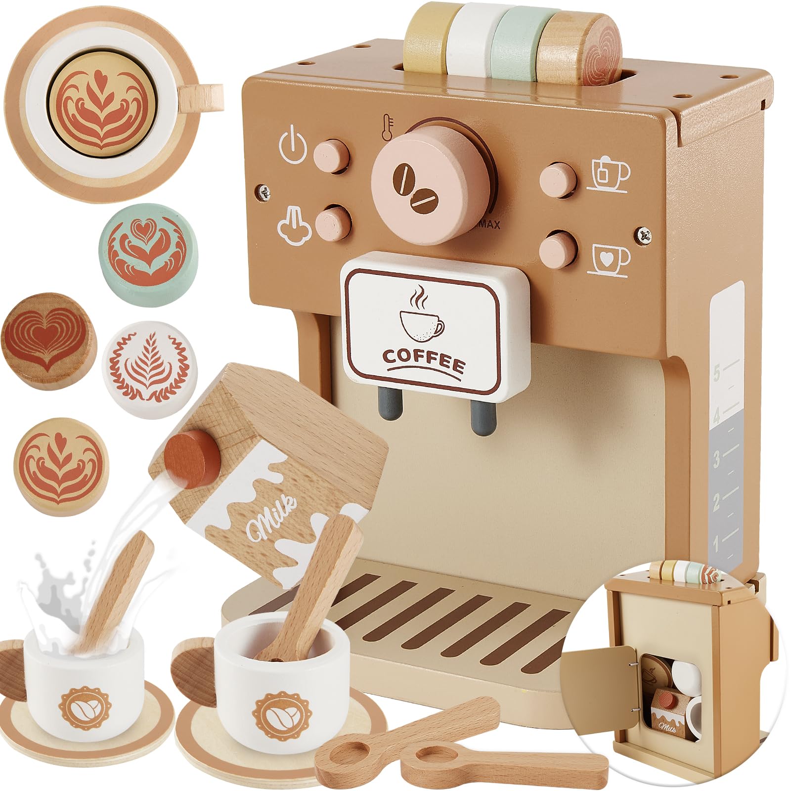 BUYGER Kids Wooden Coffee Maker Toy, Pretend Play Kitchen Accessories Coffee Playset Tea Set Gifts for Ages 3 4 5 Year Old Kids Toddler Boys Girls