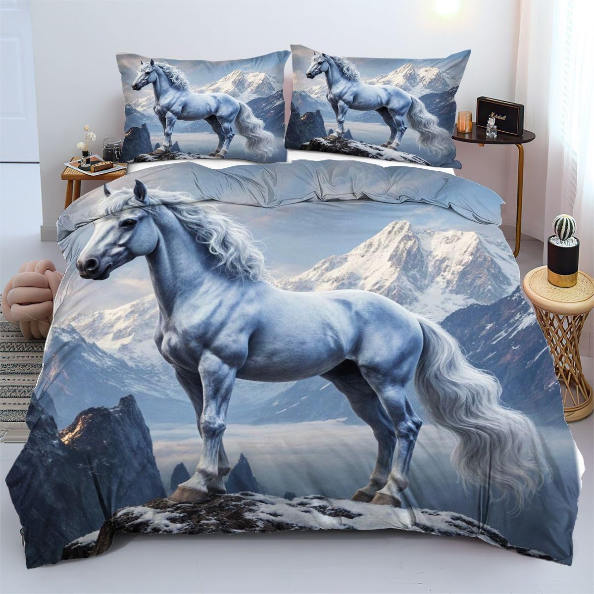 Linge de lit haute qualité 140x200 cm au motif de cheval blanc élégant a16377