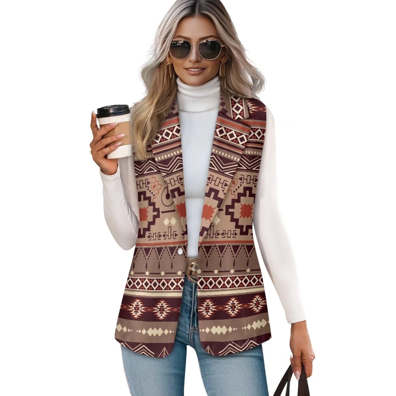 Womens Aztec Print Western Ethnic Dressy Casual Versatile Western Aztec Full Lined Vest Tuxedo Suit Waistcoat