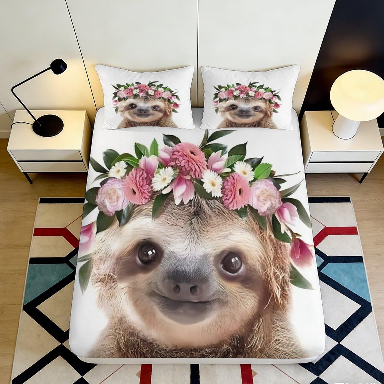3D Printed Floral Sloth Fitted Sheet Microfiber Non-Slip Deep Pocket Floral Sloth Mattress Fitted Cover Elastic Hem for Bedroom 140x200x25cm