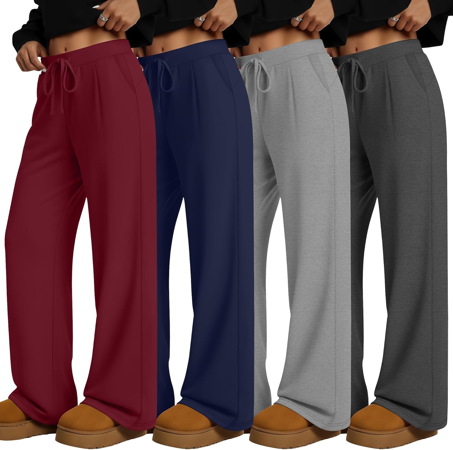 4 Pack Women's Lounge Pants Wide Leg Yoga Pants with Pockets Drawstring Workout Sweatpants Casual Jogger Multipack