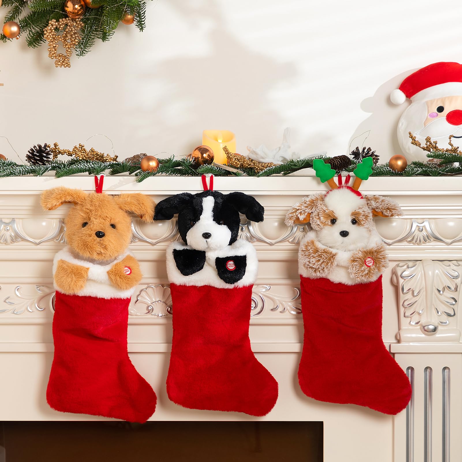 HollyHOME Calze natalizie con testa di cucciolo di Golden Retriever con musica e orecchie che sbattono le orecchie, decorazione natalizia, ornamento 48 cm