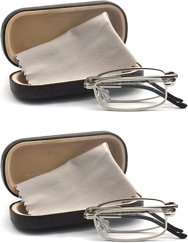 Miniatura 1 de Gafas de lectura plegables de metal rectangulares compactas con estuche de cuero para hombres y mujeres