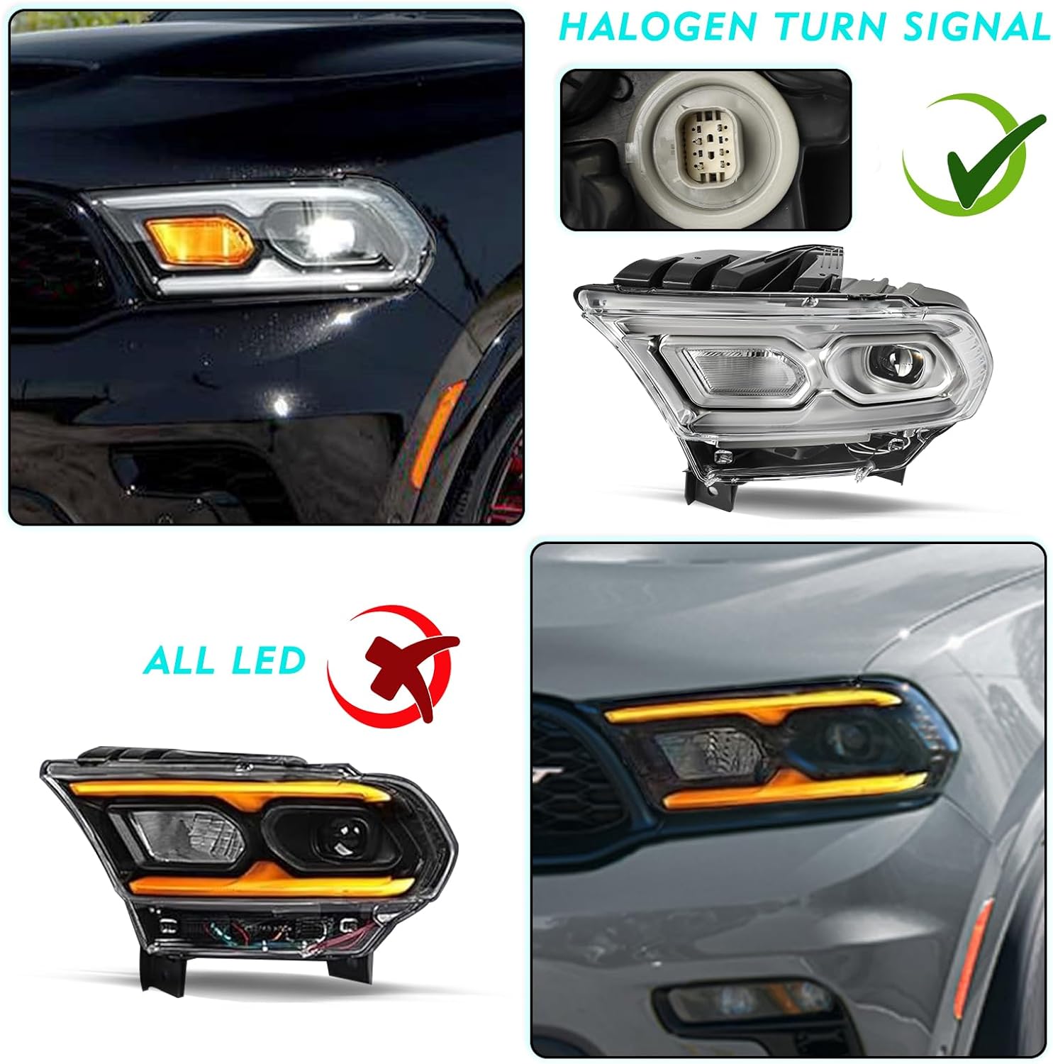 TUSDAR Headlight Assembly Compatible with 2021 2022 2023 2024 Dodge Durango, Chrome Housing w/DRL Projector and Halogen Turn Signal Driver Side