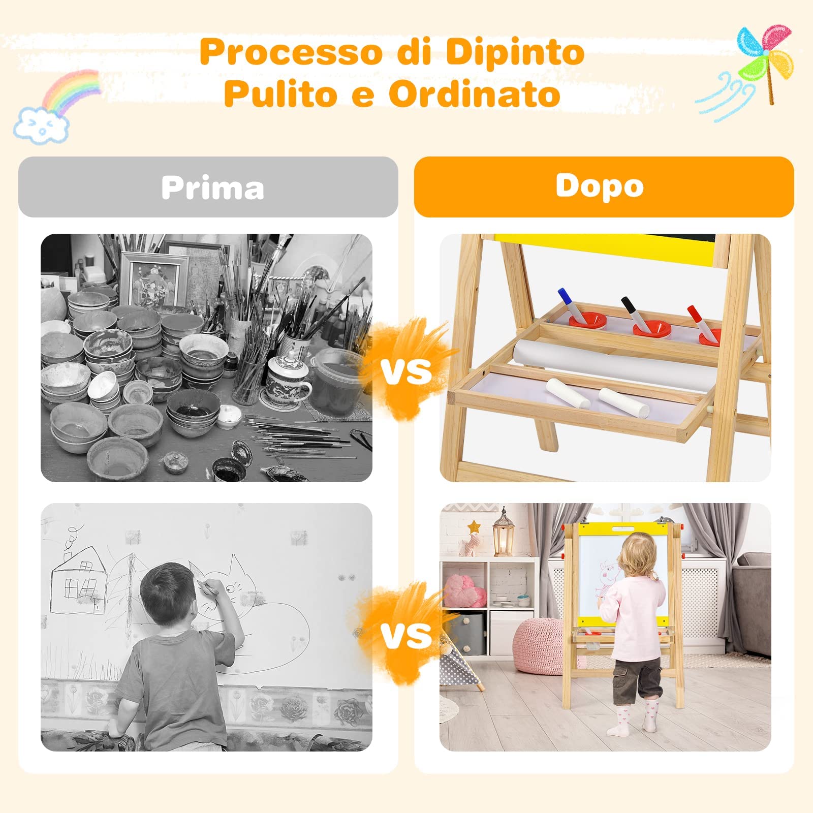 RELAX4LIFE Cavalletto Pittura per Bambini, Lavagna a Doppio Lato in Legno, Altezza Regolabile in 5 Posizioni, con Gessetto, Penne/Gomma per Lavagna e Rotolo di Carta, 50,5x53,5x79-104 cm (Giallo)