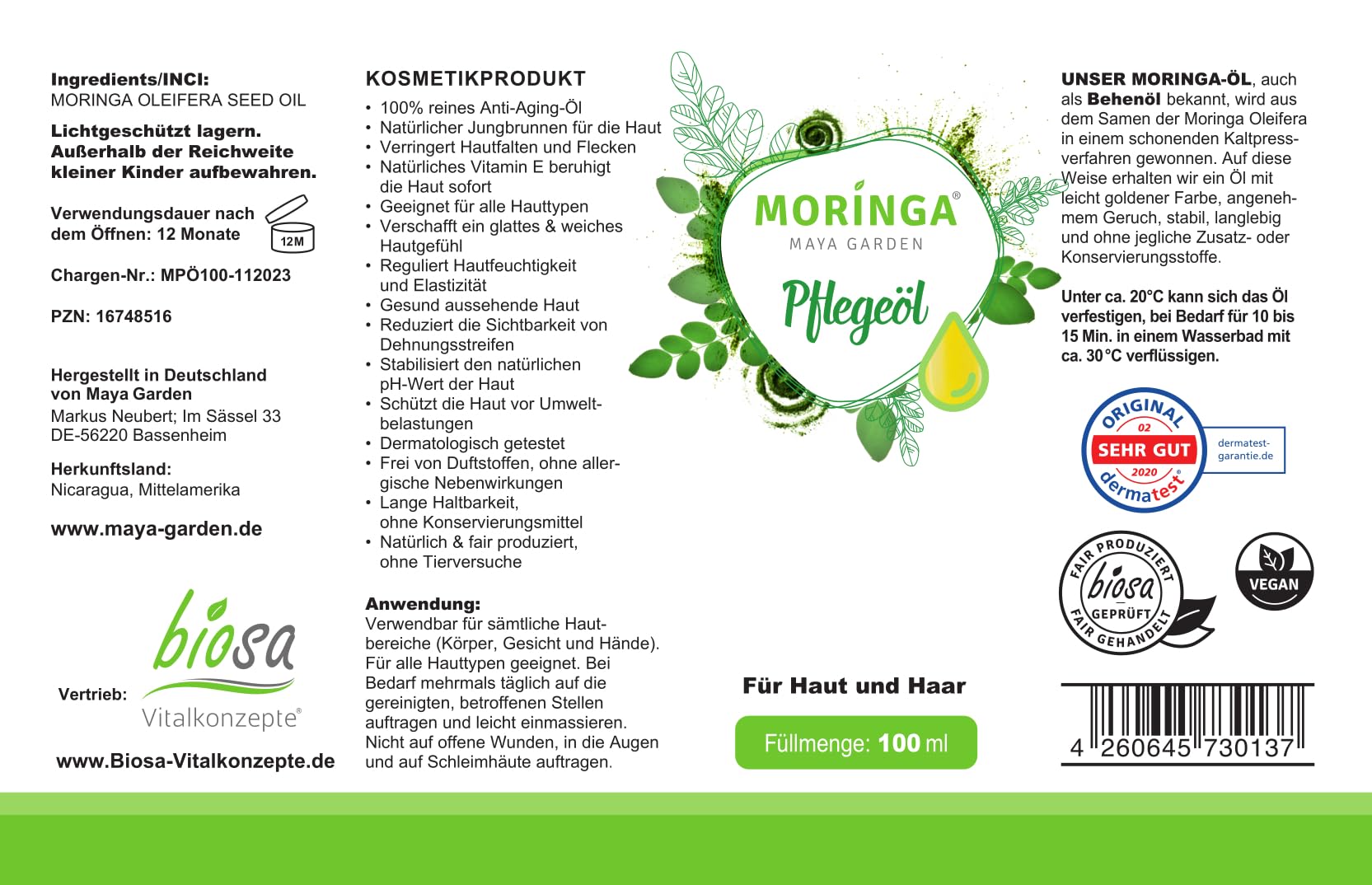 Moringa Maya Garden Olio per la cura della pelle pressata a freddo, di alta qualità, prodotto dai semi di Moringa Oleifera. Dermatest Certificato per la cura della pelle, cura del viso, dei capelli,