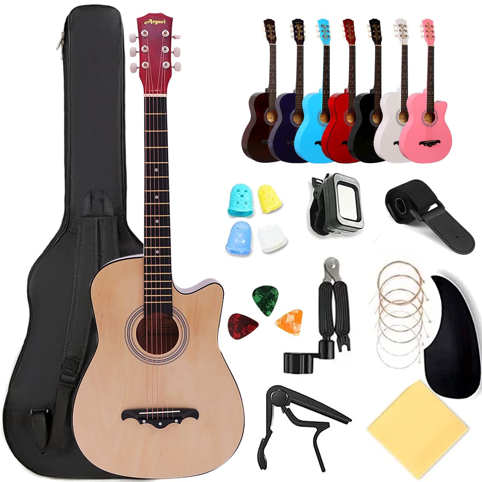 アコースティックギター 初心者セット 38インチ ギター アコギ 初級入門練習 学生 子供 大人 豊富なアクセサリ  チューナ・カポ・ソフトケース・ピックなど付属 木头色