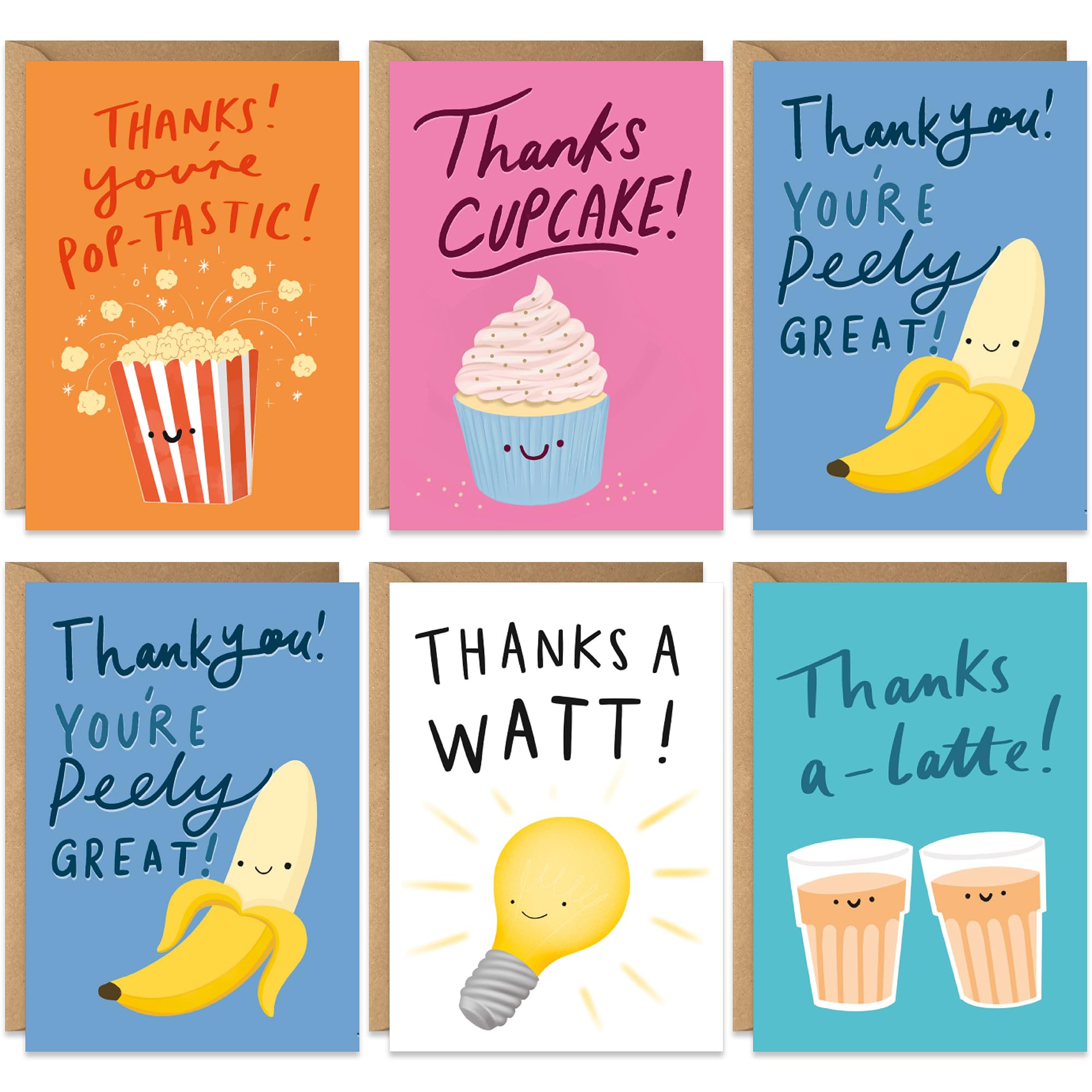 20 Thank You Cards with Envelopes, Funny Food Pun Cartoon Designs for Children Adults Pupils Teachers, Blank Assorted Greeting Notecards for Handwritten Message, Colourful Bright,