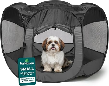 FurHaven Soft-Sided Dog & Cat Playpen, Portable Foldable Indoor & Outdoor Pet Playpen with Mesh Windows & Zippered Door, Gray, Small