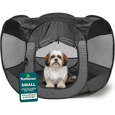 FurHaven Soft-Sided Dog & Cat Playpen, Portable Foldable Indoor & Outdoor Pet Playpen with Mesh Windows & Zippered Door, Gray, Small