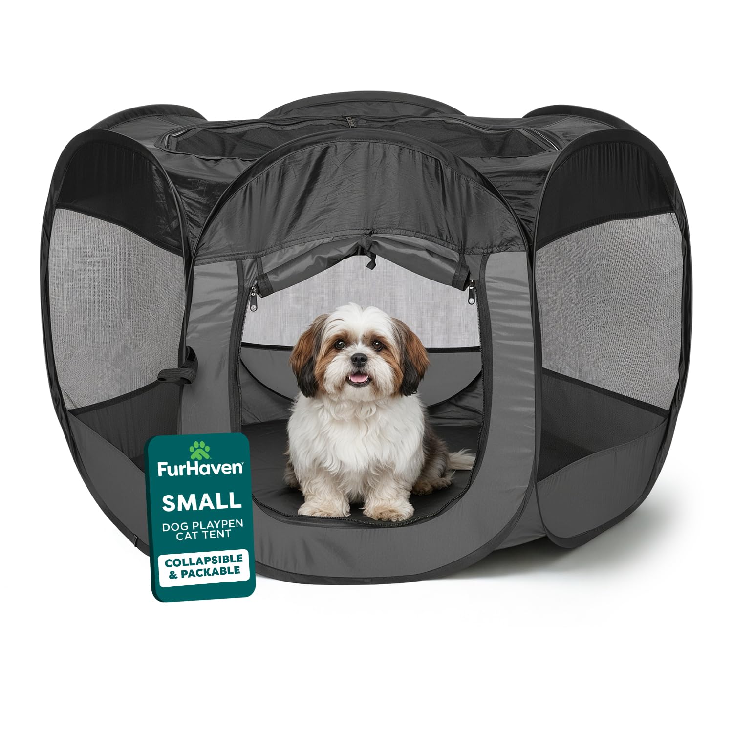 FurHaven Soft-Sided Dog &amp; Cat Playpen, Portable Foldable Indoor &amp; Outdoor Pet Playpen with Mesh Windows &amp; Zippered Door, Gray, Small