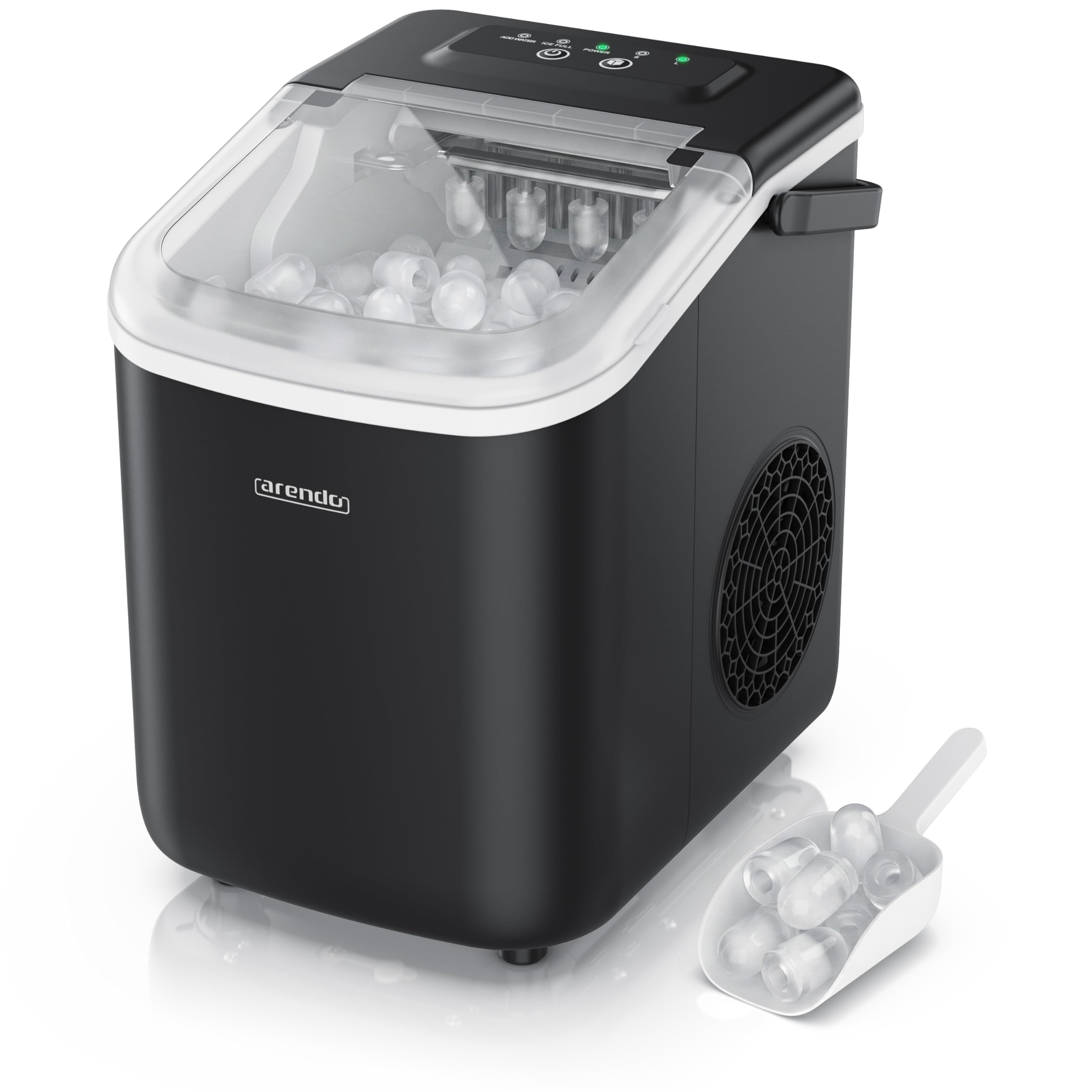 Arendo - Eiswürfelmaschine klein – max. 12 kg Eis pro Tag – 2 Größen große Würfel und kleine Würfel - großes Sichtfenster – doppelwandig – Eiswürfel Bullet – Tragegriff - Ice Maker