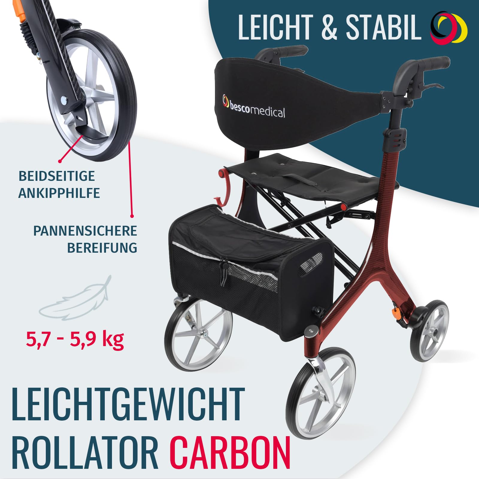 Besco Medical Carbon Rollator ultraleicht 5,9 kg - Modell L Bordeauxrot | faltbar, höhenverstellbar, mit bequemem Sitz - Premium Gehhilfe mit Rückengurt, Netztasche, Stockhalter - klappbar & leicht