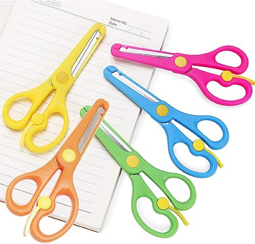 Miniatura 3 de Paquete de 5 tijeras de plástico para niños, tijeras coloridas de seguridad para manualidades, tijeras de entrenamiento preescolar con mango de