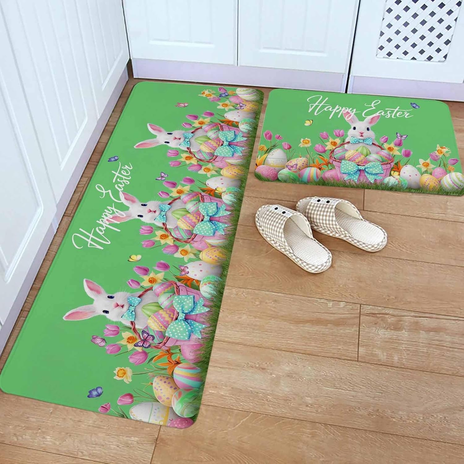Green Easter Kitchen Rugs and Mats Set of 2, Non-Slip Kitchen Sink Mat, Spring Bunny Eggs Tulip Flowers Butterfly Washable Doormat Bathroom Rugs Runner for Bedroom/Living Room 17.7"x30"+17.7"x59"