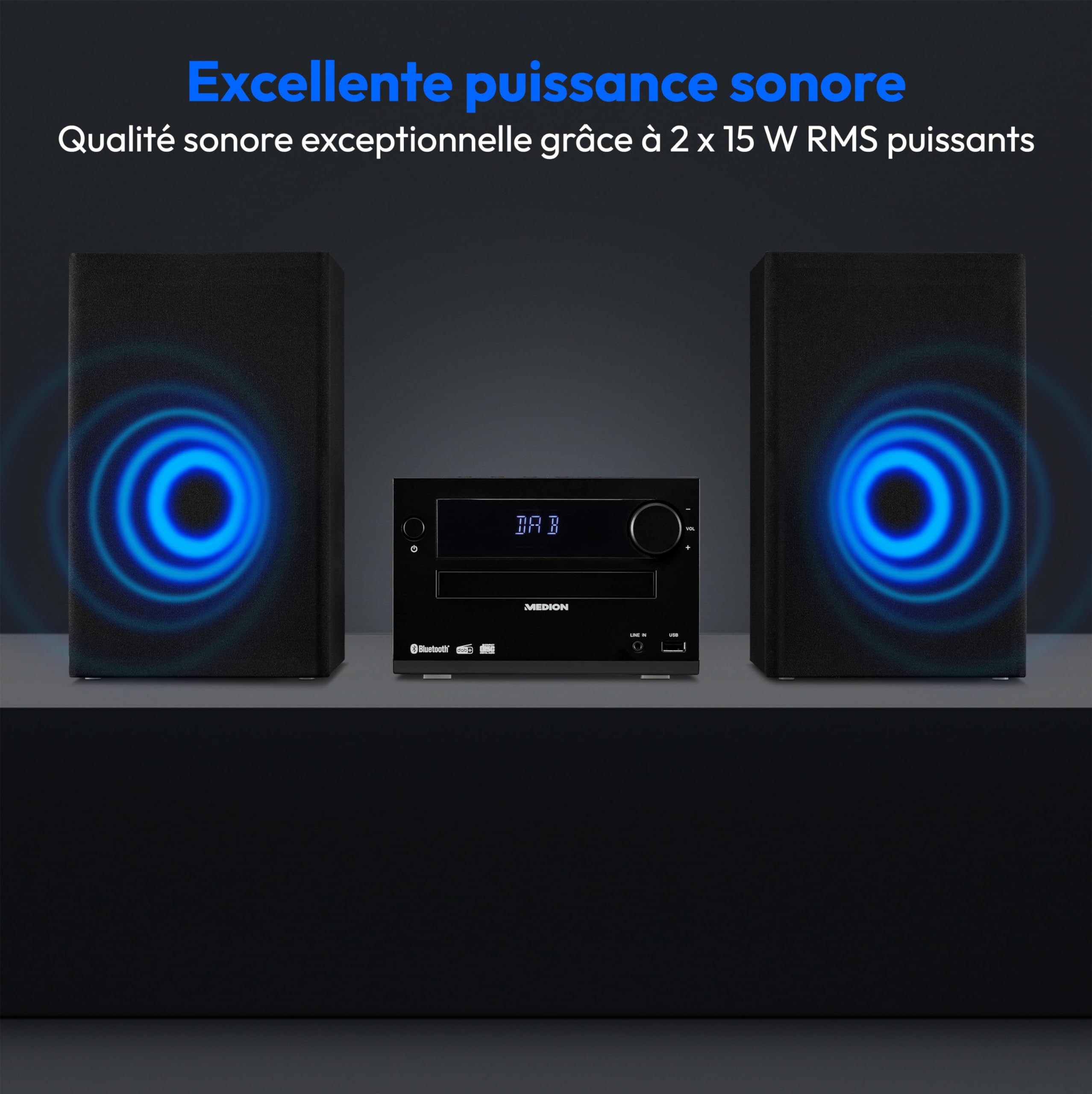 MEDION E64482 Microsystème Audio Compact (Radio Internet, Dab+, Lecteur CD, Radio FM PLL, Bluetooth, Lecteur MP3, AUX, Prise Casque, USB, minuteur de Mise en Veille, écran à intensité Variable) Noir