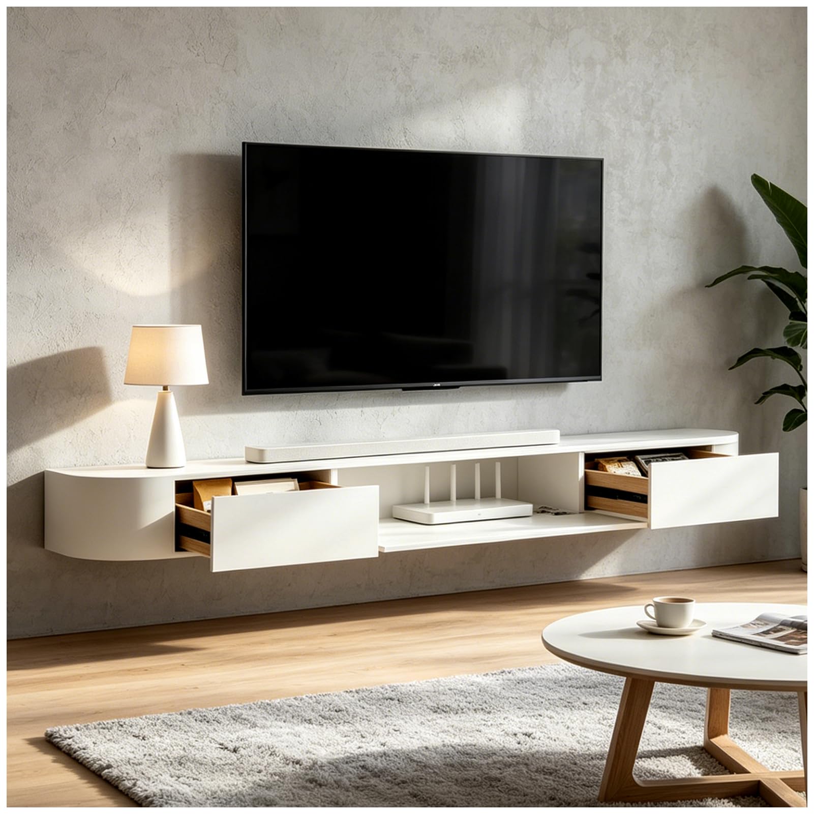 Wall Mounted TV Storage Cabinet With Door Large Storage TV Bench For Living Room & Office Modern Floating TV Unit With Drawer Sleek TV Cabinet For Apartments(White,180cm)