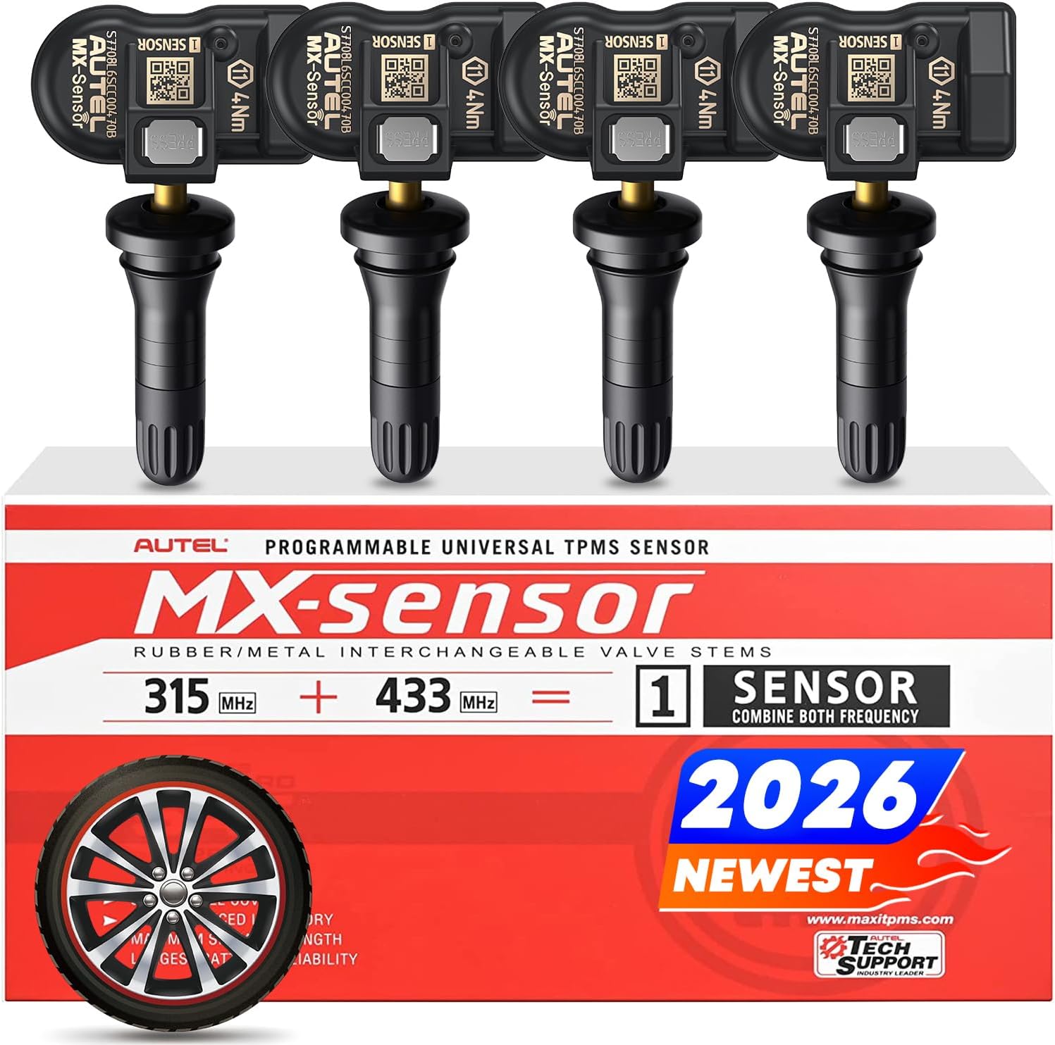 Autel TPMS Sensor Set of 4, MX-Sensor 2in 1 315MHz + 433MHz Press-in TPMS Universal Programmable Sensor, OE-Level 100% Cloneable by Autel TPMS Tool TS408S TS501 PRO TS508 TS508WF (4PCS Rubber Stem)