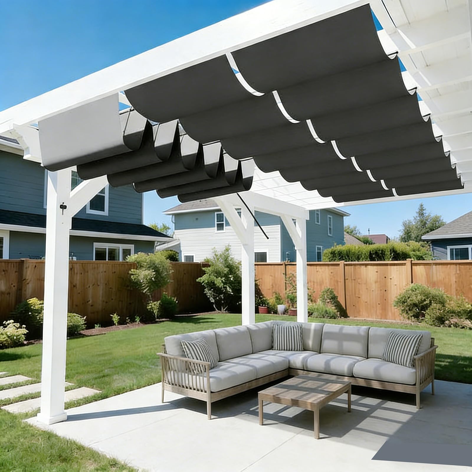 Retractable Wavy Sun Shade Sail, Waterproof Sun Shade Sail.UV-Resistant, Suitable for Various Outdoor Settings, and Easy to Install.-Dark gray||60x350cm
