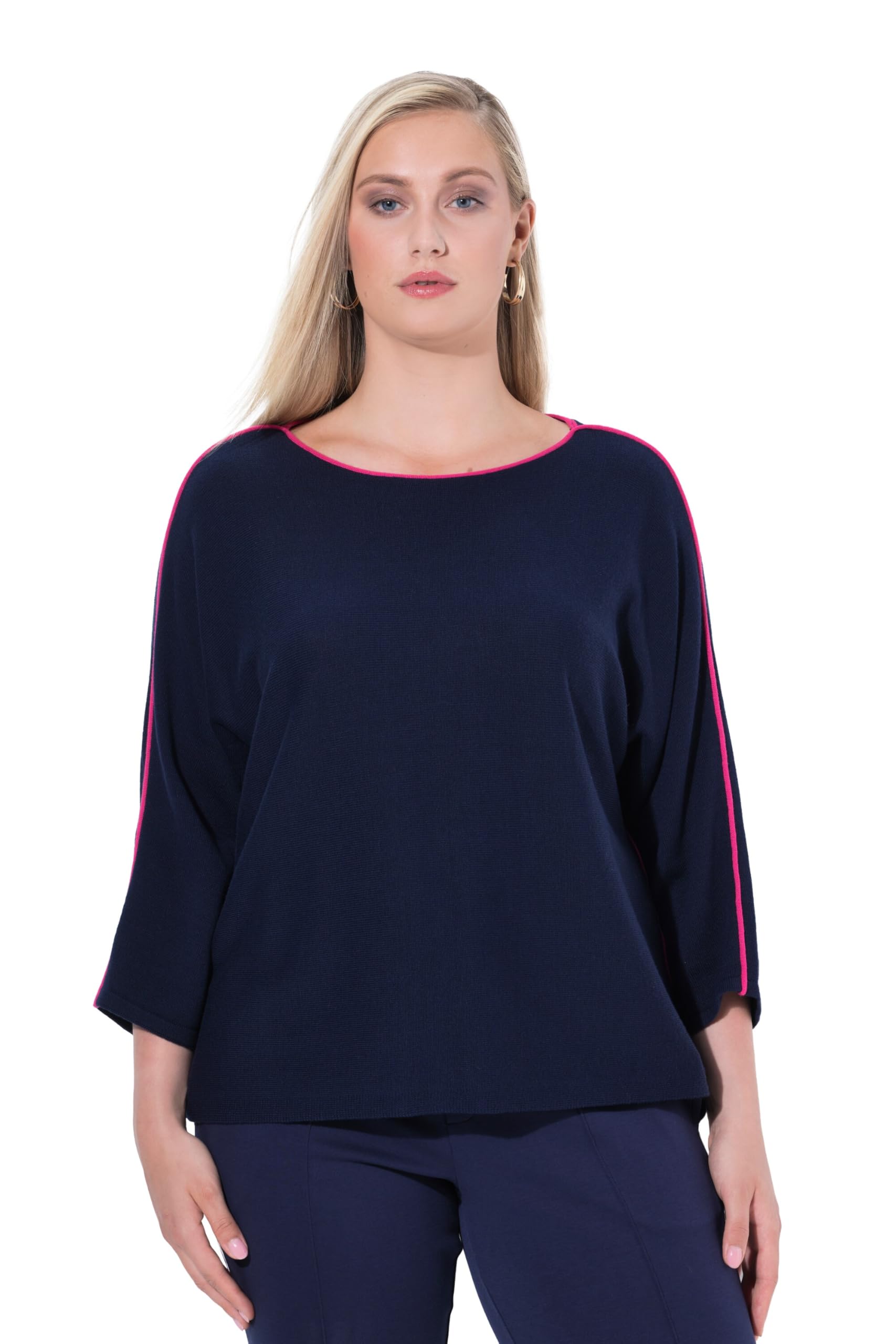 Ulla Popken Damen große Größen Übergrößen Plus Size Pullover, Piping, U-Boot-Ausschnitt, 3/4-Arm 836589