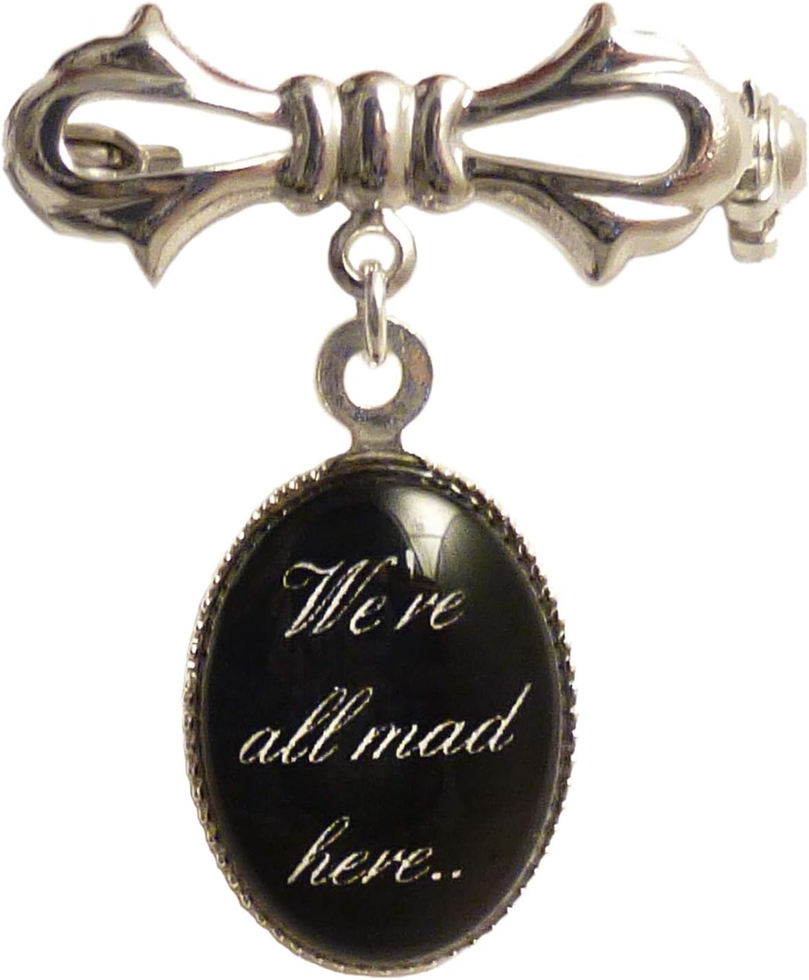 Women Silver Plated Alice in Wonderland Brooch We're All Mad Here Victorian Bow Pin