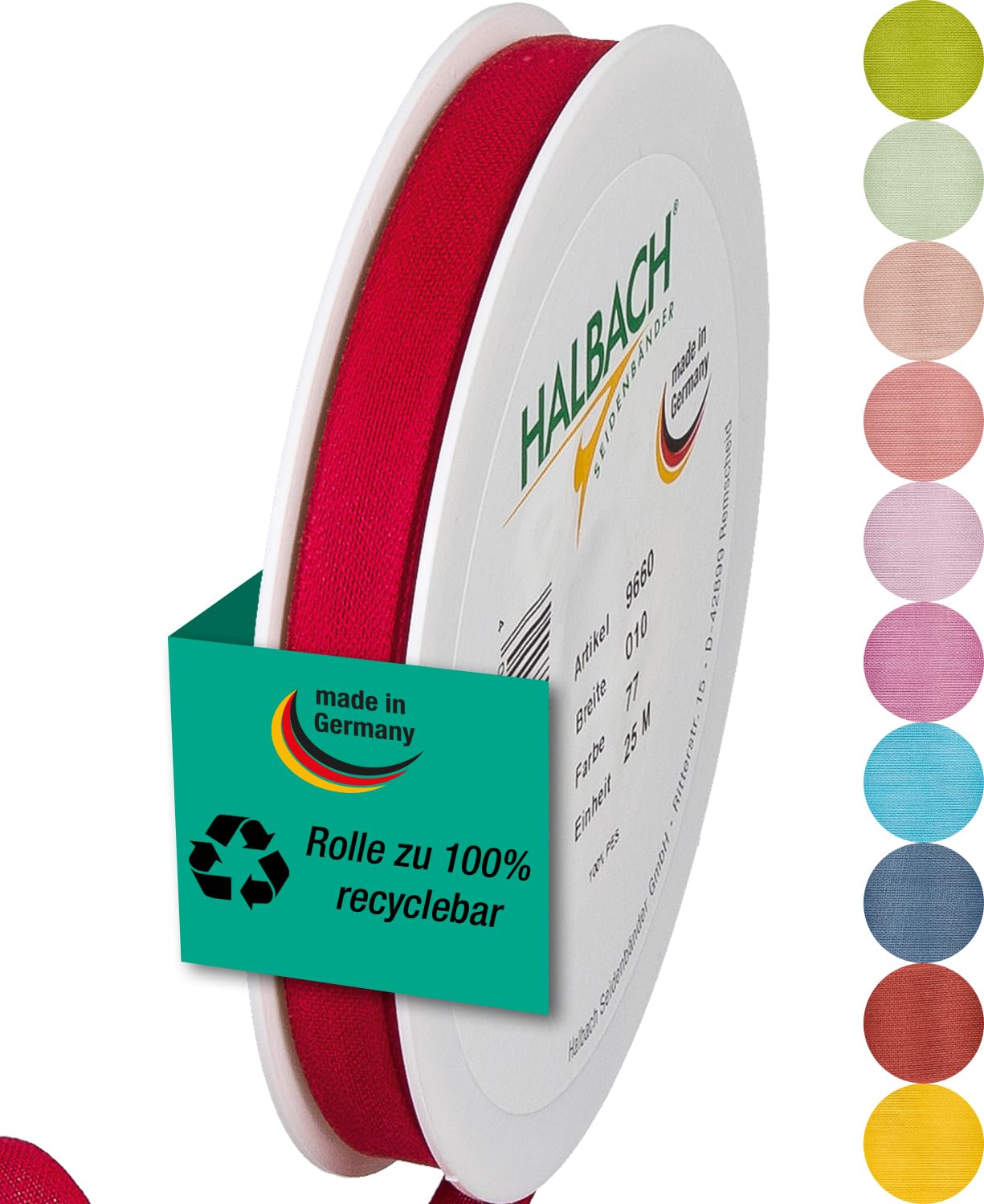 Halbach Seidenbänder Gift Ribbon Width 10 mm Length 25 m Ribbon Made in Germany Gift Ribbons in a Variety of Colours and Widths Perfect for Packaging and Decorating Colour: Red