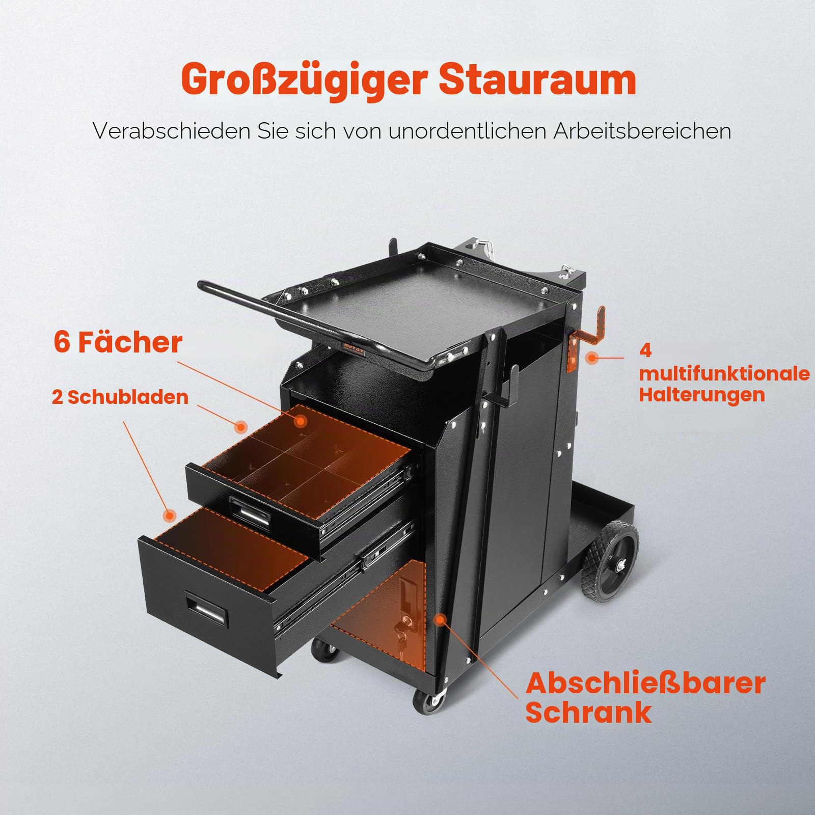 VEVOR Mobiler Werkstattwagen, Schweißwagen mit 2 Schubladen & abschließbarem Schrank, 158 kg Gewichtskapazität, 360° schwenkbare Räder, Schweißgerätewagen für MIG-Schweißgerät, Plasmaschneider