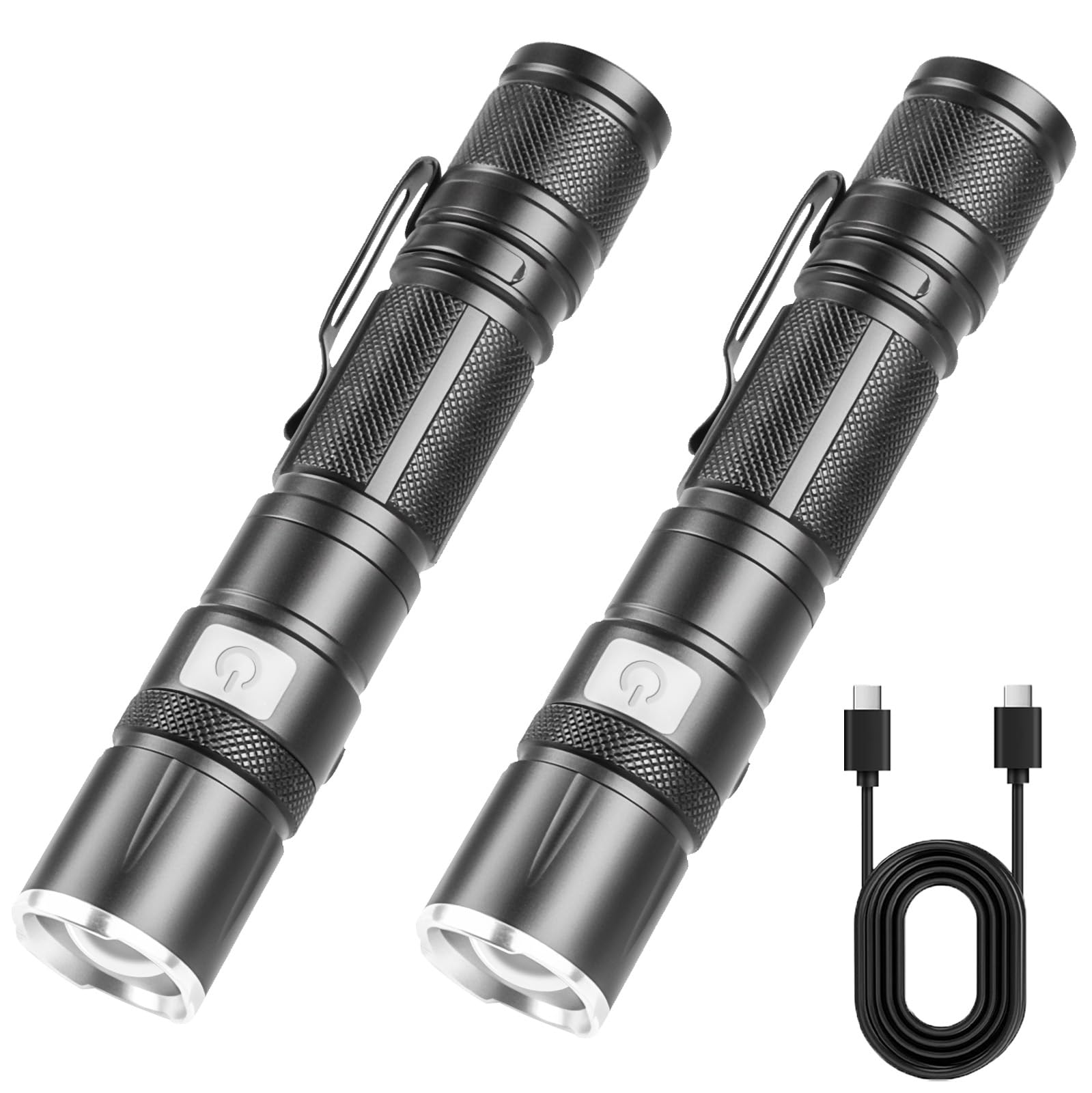 DT009 LED-Taschenlampe, wiederaufladbar, 1500 hohe Lumen, taktische Taschenlampe, IP68 wasserdicht mit 5 Modi, EDC-Hand-Taschenlampe für Wandern, Camping, Notfall, 2 Stück