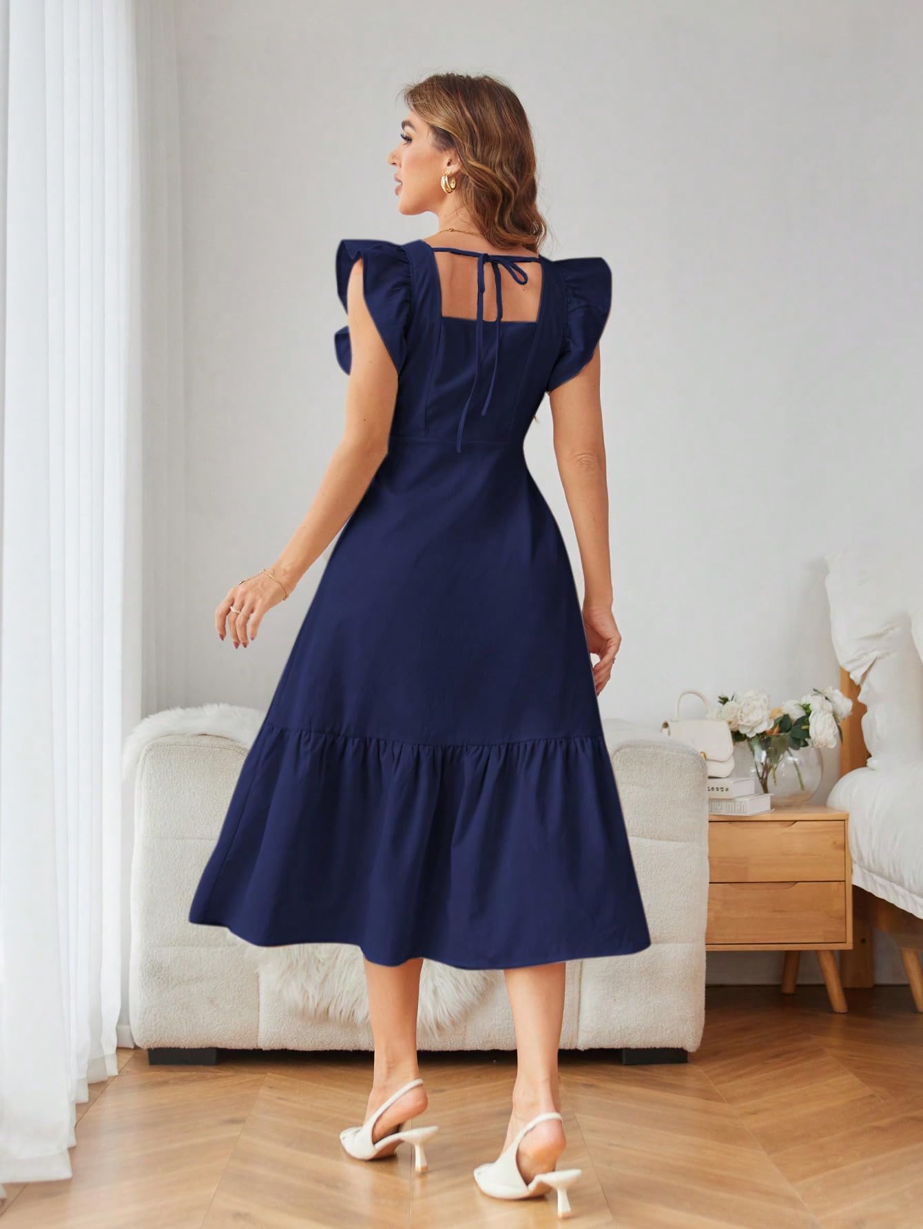 Shasmi Girl's & Women's Solid Navy Blue Color Square Neck, Ruffle-Trimmed Hem Sleeveless, Ruffle Armhole And Casual Dress With Cinched Waist Vacation Outfits Woman (Dress 162 N Blue-2Xl)