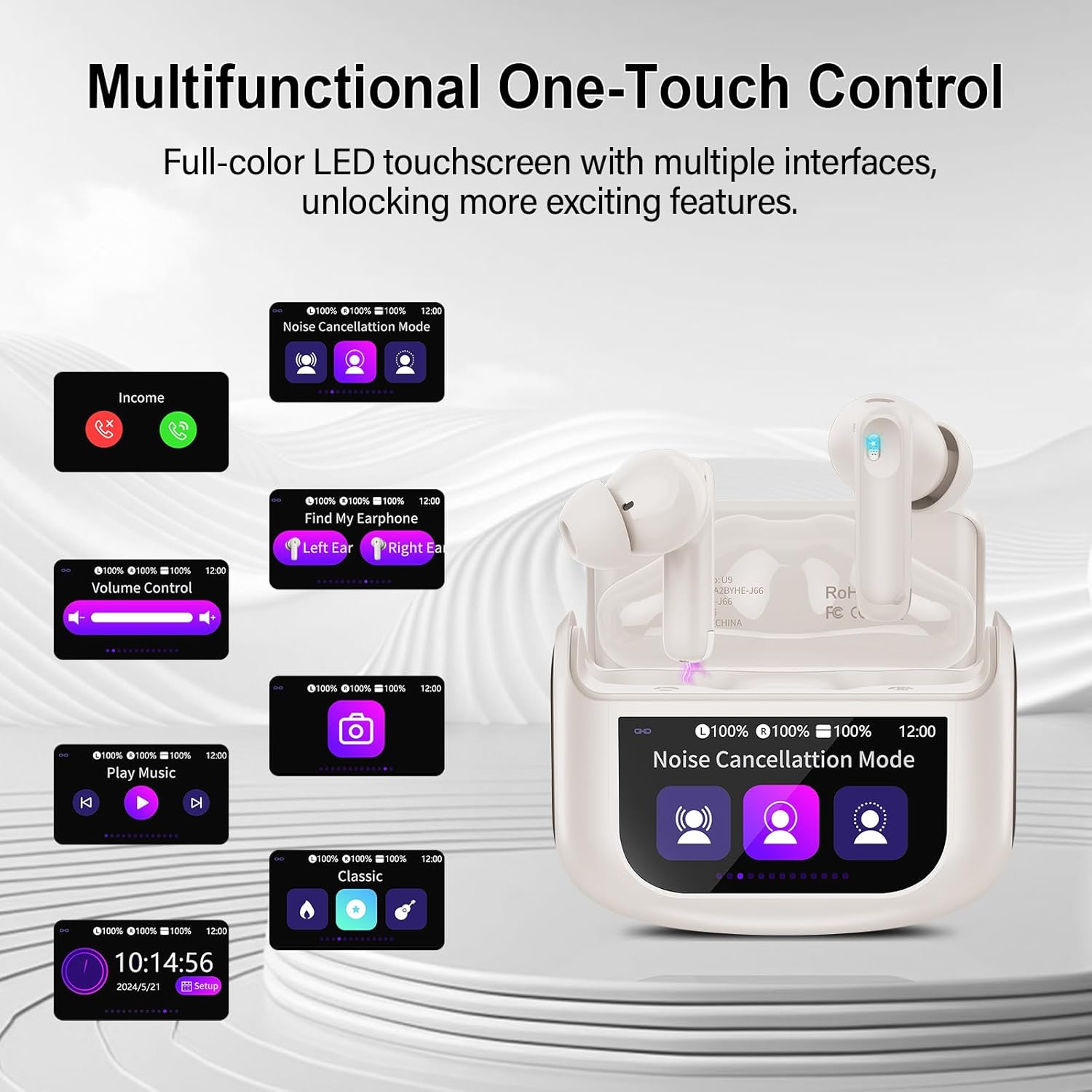 Wireless Earbuds, Bluetooth 5.4 Headphones Multi-Function Touch Screen with 5 EQ Modes, 48H Ear Buds Bass Stereo with ANC Noise Cancelling/Transparency Mode, IPX7 Bluetooth Earbuds, Off White - Image 5