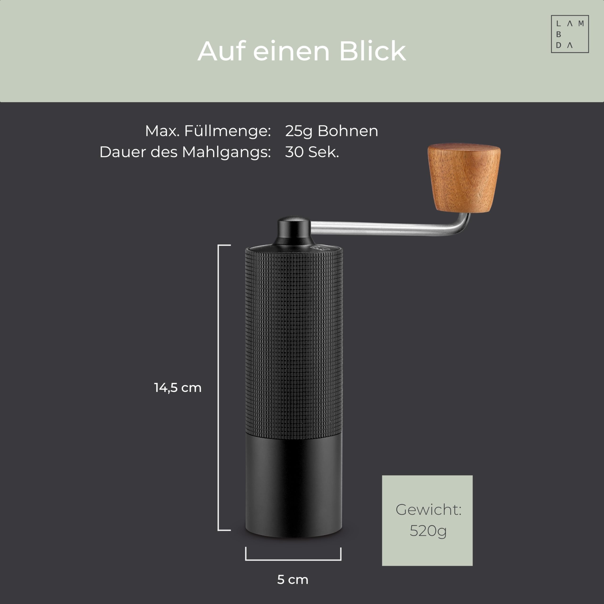 LAMBDA COFFEE® TERRA SIGMA I Espressomühle mit 108 einstellbaren Mahlgraden mit 0,055mm Einstellpräzision I Edelstahl Mahlwerk I leichtes Aluminium-Gehäuse I Hand Kaffeemühle manuell