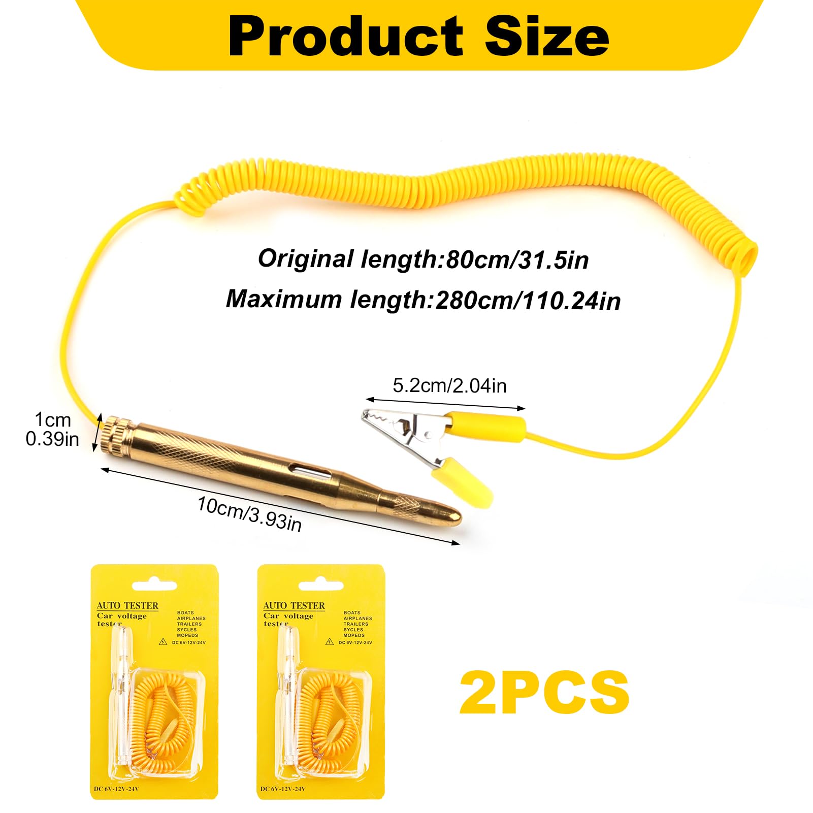 2 Comprobador Fusibles Coche Comprobador Voltaje Corriente DC 6V/12V/24V Buscapolos Circuito Pluma Prueba Voltaje con Pinza Cocodrilo Sonda Acero Cable Espiral Extensible para Comprobar Bajo Voltaje