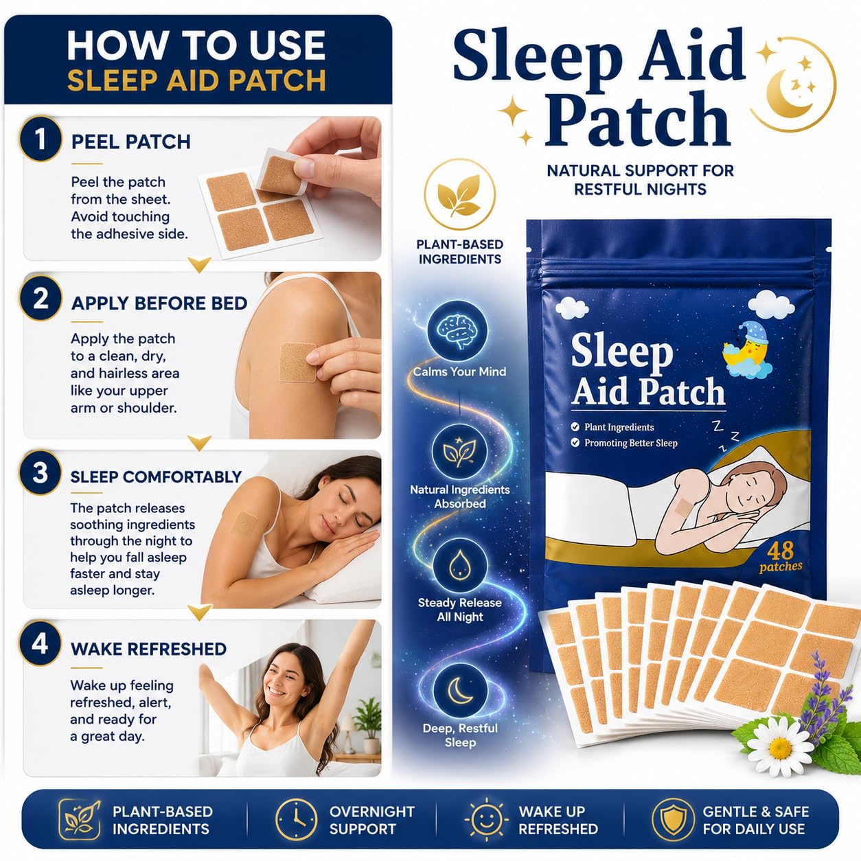 Migraine Relief Cooling Strips– Instant Cooling Headache Patch for For head, Fever, Stress & Migraine Pain Relief Gentle Skin Safe Gel Pad (Sleep Patch-48 Patch) — Amazon image 3
